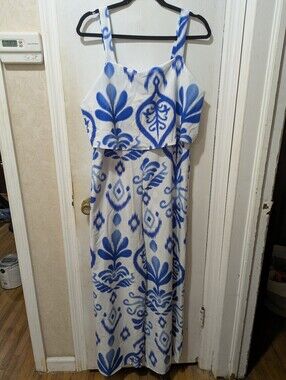 Shein XL White and Blue Printed Wide Leg Romper with Ruffled Bodice
